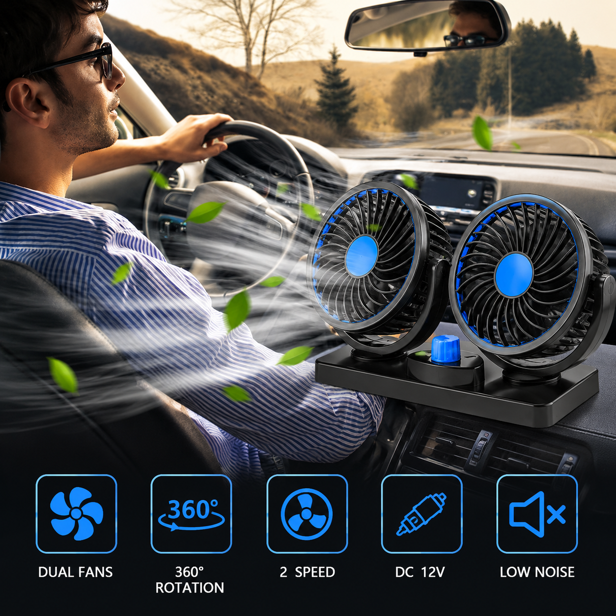 Car Cooling Fan with Dual Heads | Powerful Airflow | DC 12V