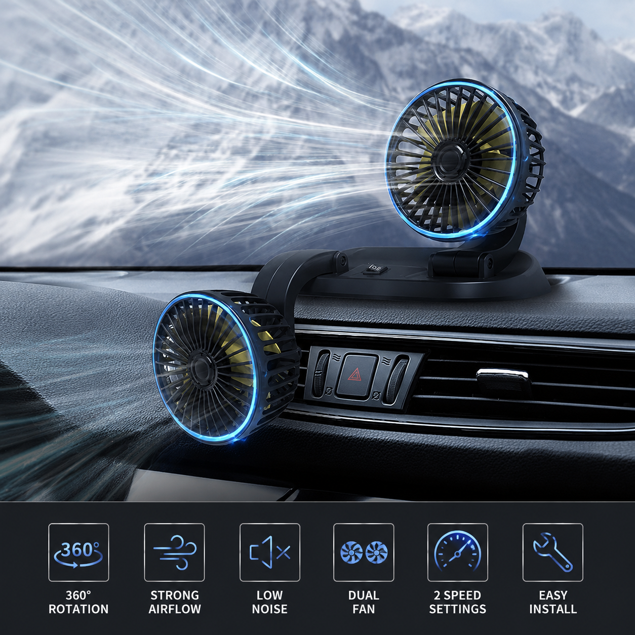 Car Cooling Fan with Dual Heads | Powerful Airflow | DC 12V